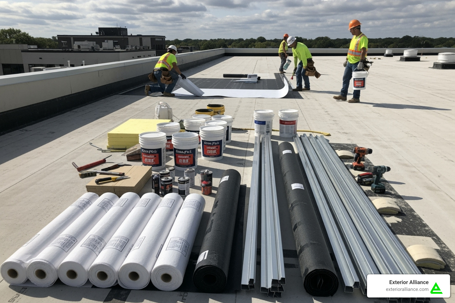 Commercial roofing materials being prepared for installation - commercial roof replacement