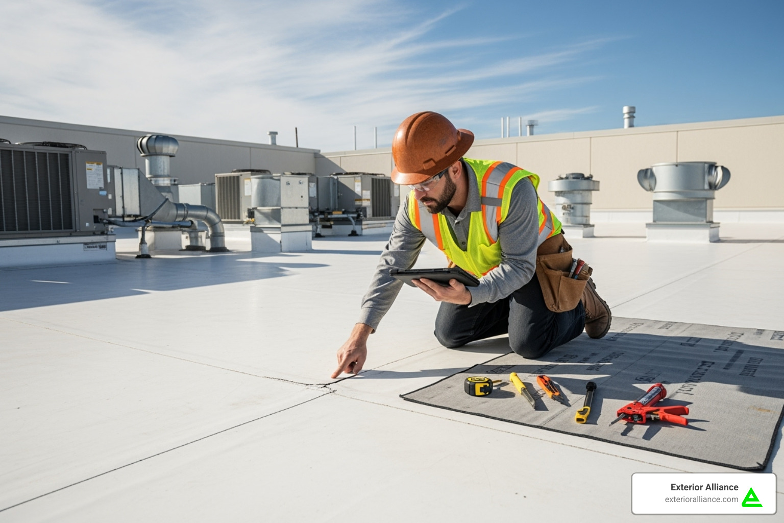 Commercial roof being inspected for maintenance - commercial roof replacement