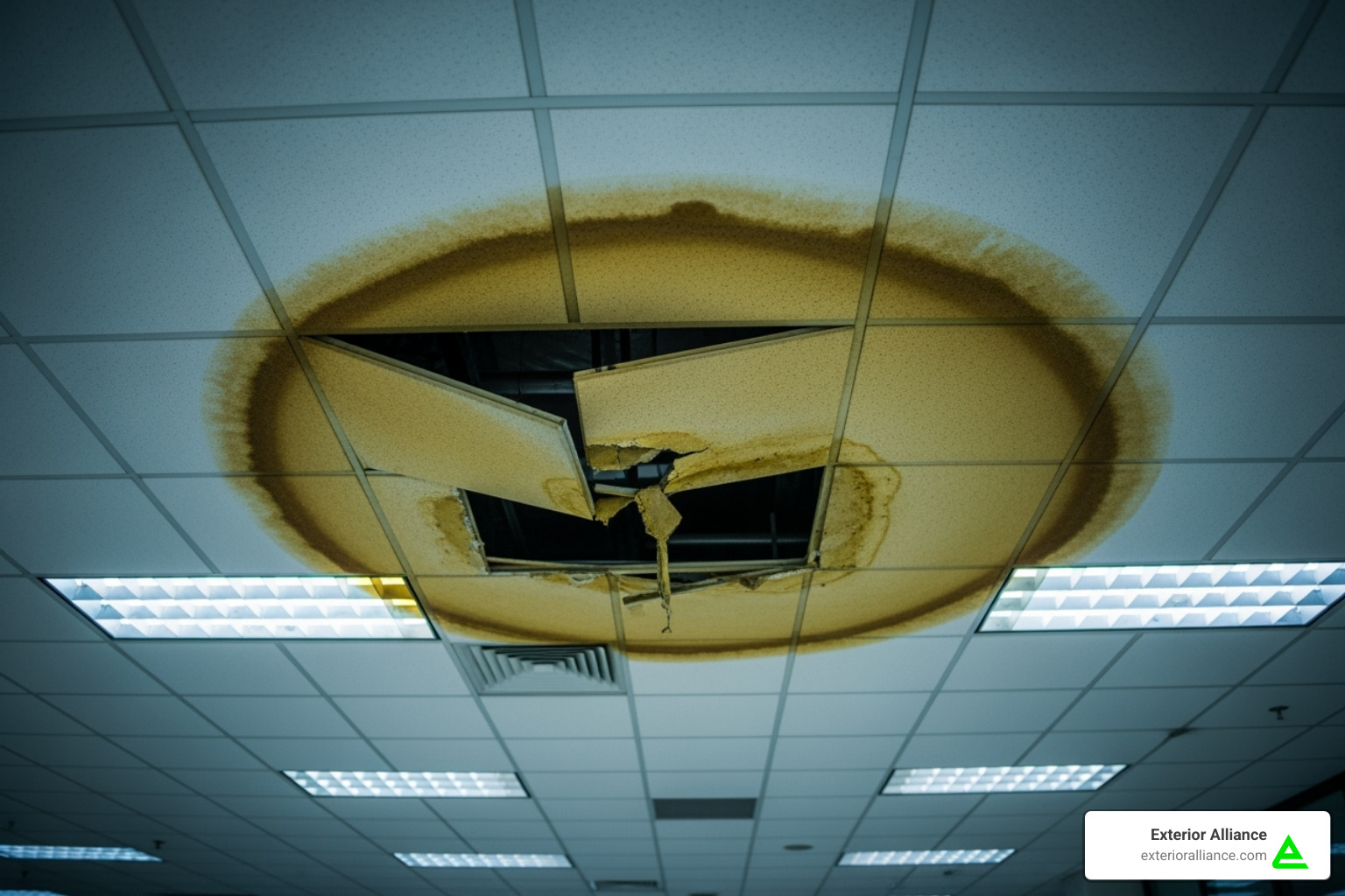 a clear sign of roof damage like a water stain on a ceiling - commercial roofers columbus