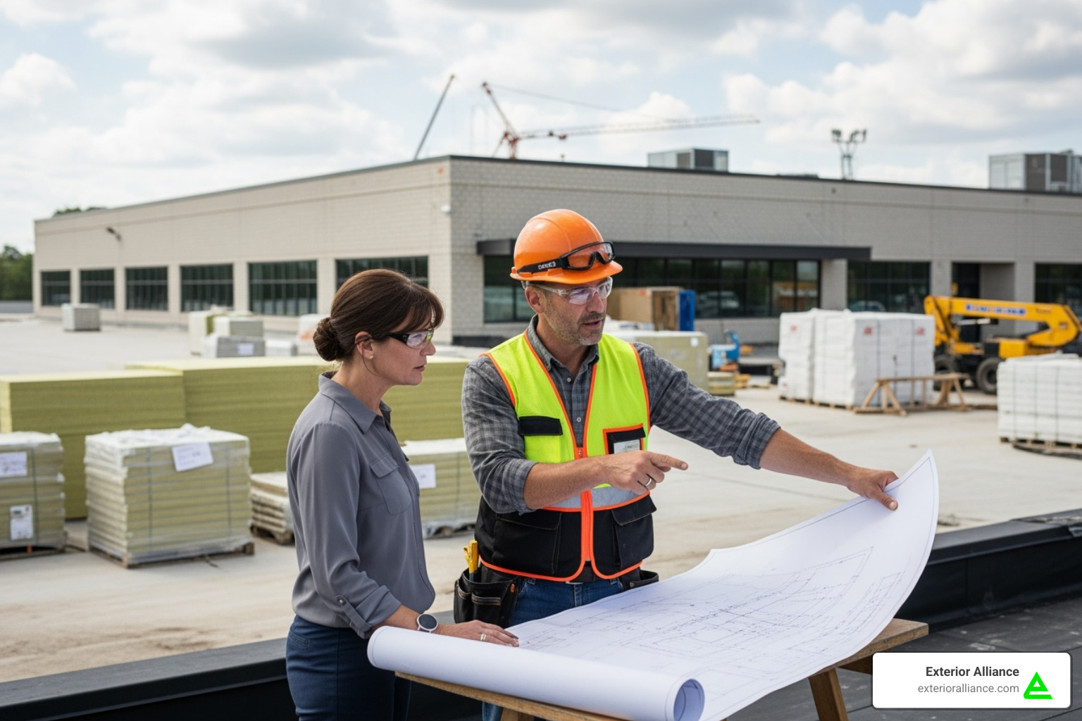 Professional roofing contractor discussing project details with a client - commercial roof replacement