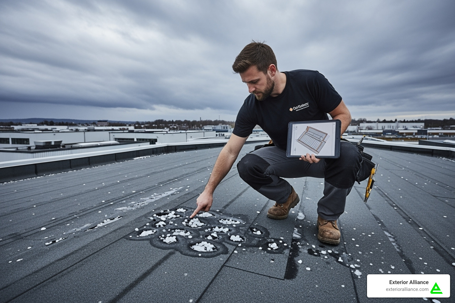 Roofing contractor inspecting hail damage on a commercial roof - commercial roof replacement