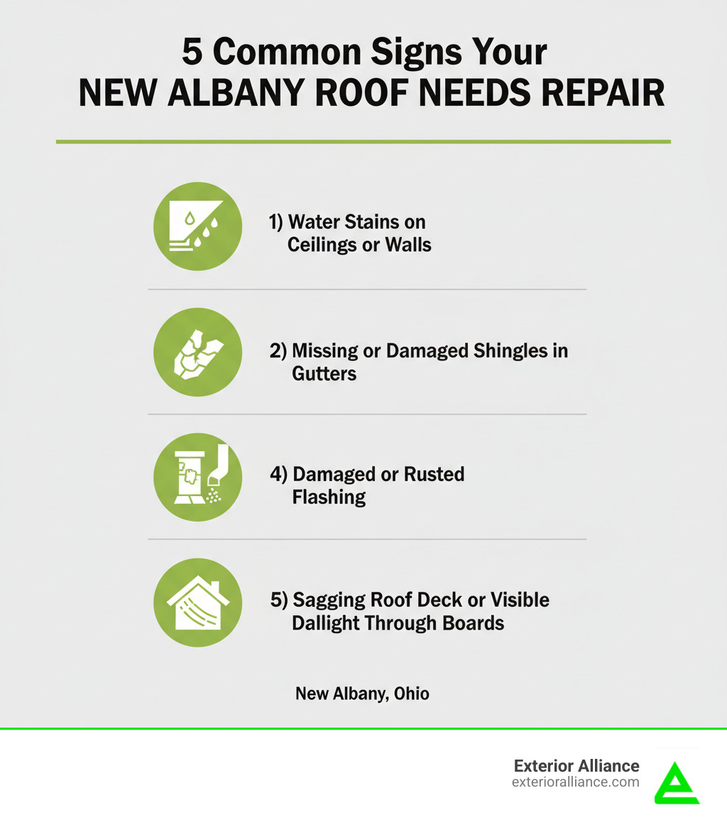 Infographic showing the 5 most common signs your New Albany roof needs repair: 1) Water stains on ceilings or walls, 2) Missing or damaged shingles, 3) Granules collecting in gutters, 4) Damaged or rusted flashing around chimneys and vents, 5) Sagging roof deck or visible daylight through boards - New Albany roof repair infographic 