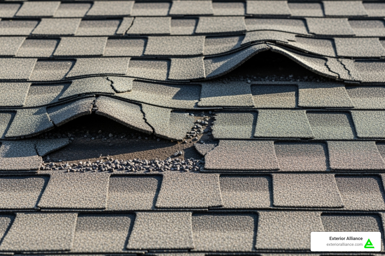 image of curling and missing asphalt shingles on a roof - New Albany roof repair