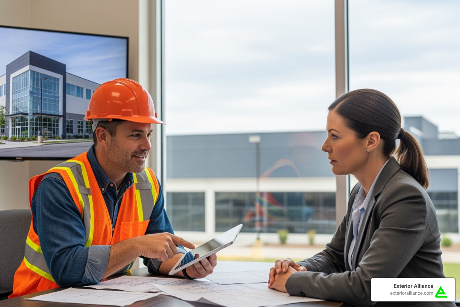 Commercial roofing contractor explaining estimate to business owner - commercial roof replacement