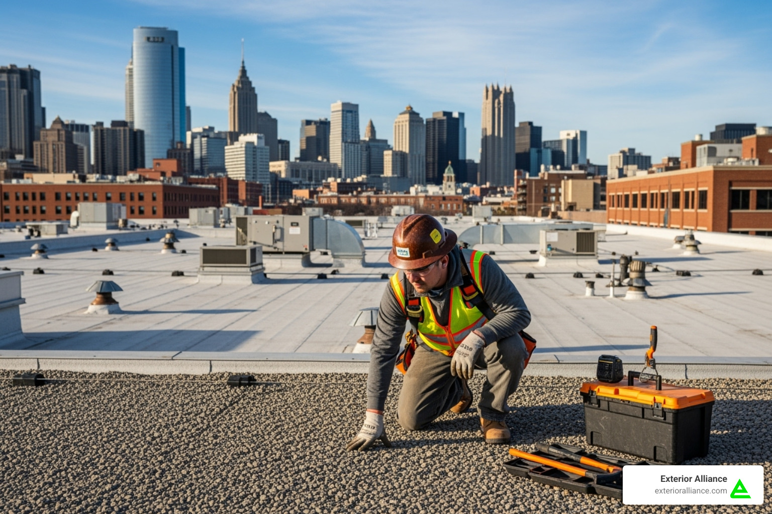 a certified roofer inspecting a commercial roof - commercial roofers columbus