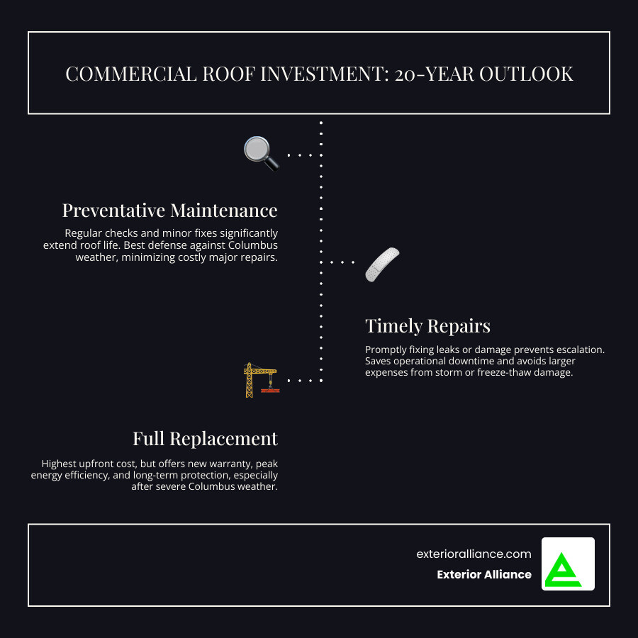 infographic showing the cost comparison between preventative maintenance, repair, and full replacement over a 20-year period for commercial roofs in Columbus, including how weather events impact each option - commercial roofers columbus infographic infographic-line-3-steps-dark