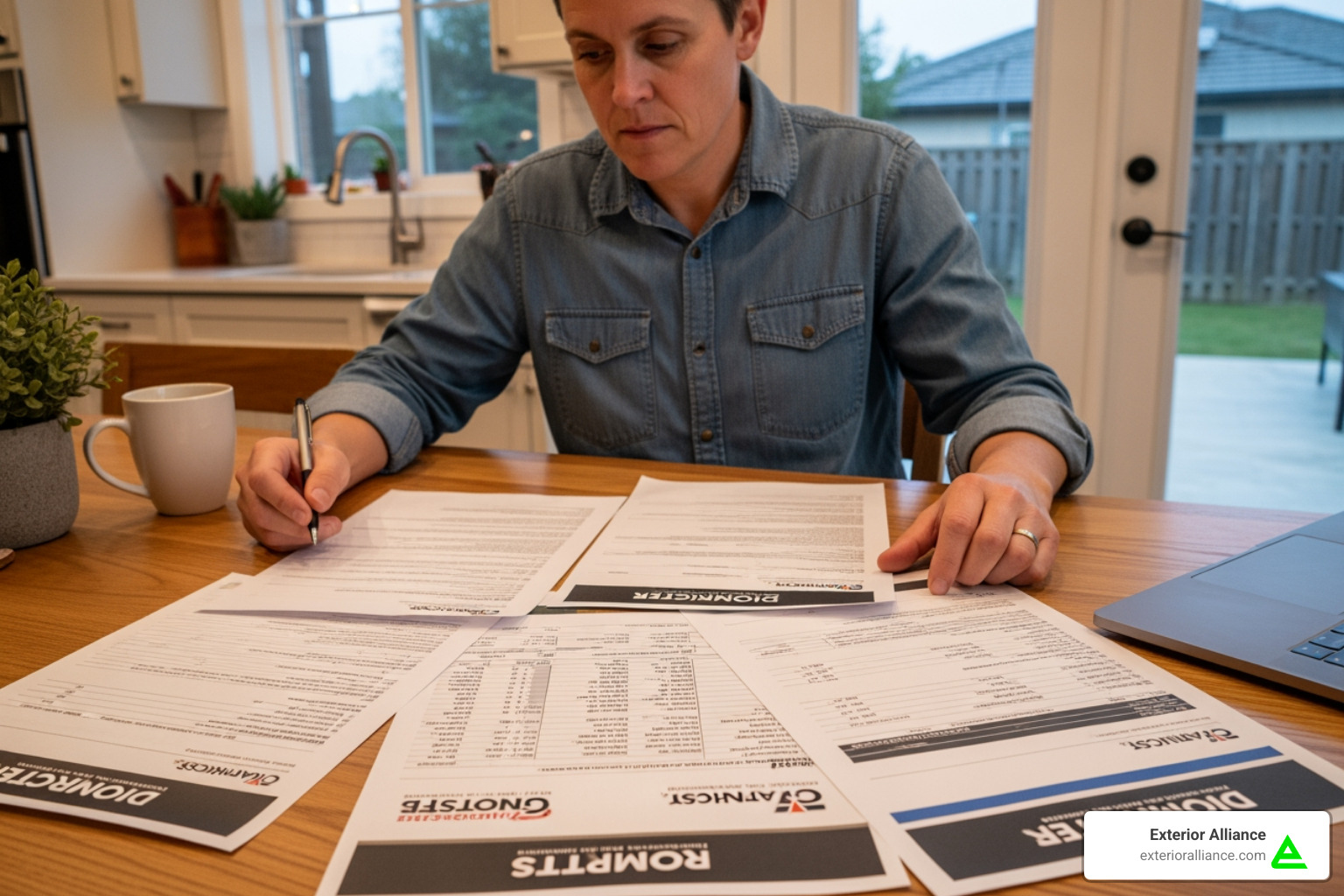 homeowner reviewing multiple roofing quotes - roof replacement cost 2025