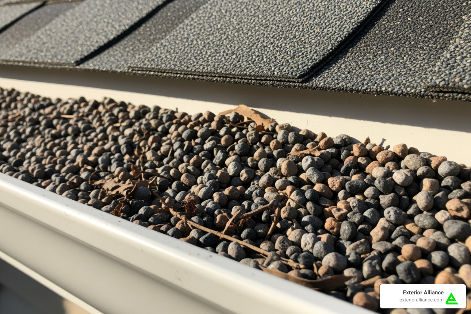 granules collected in a gutter - Storm damage restoration