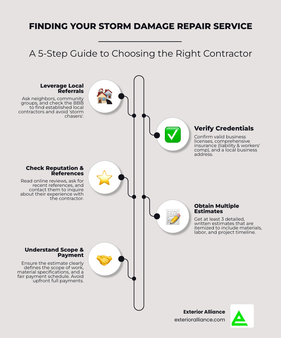 Infographic showing three pathways to finding storm damage repair services: Path 1 shows neighbors talking with community resources like BBB and local directories; Path 2 shows a checklist with license verification, insurance proof, and reference checks; Path 3 shows three written estimates being compared side-by-side with itemized costs and timelines - storm damage repair infographic infographic-line-5-steps-elegant_beige