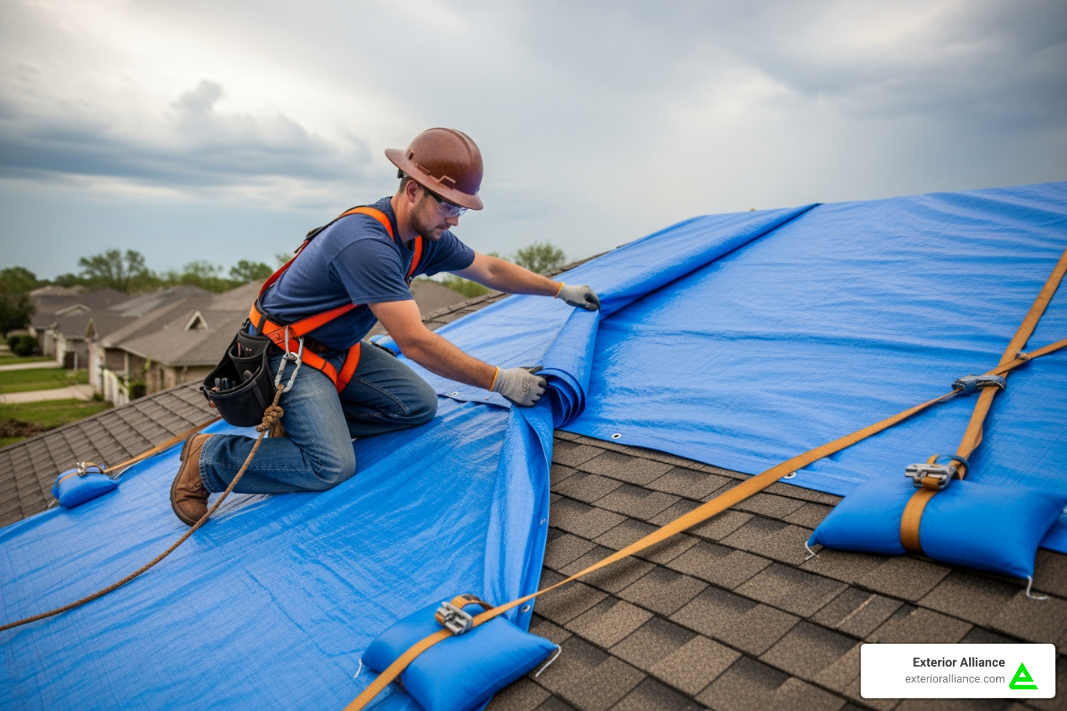 professional safely tarping a damaged roof - Storm damage restoration