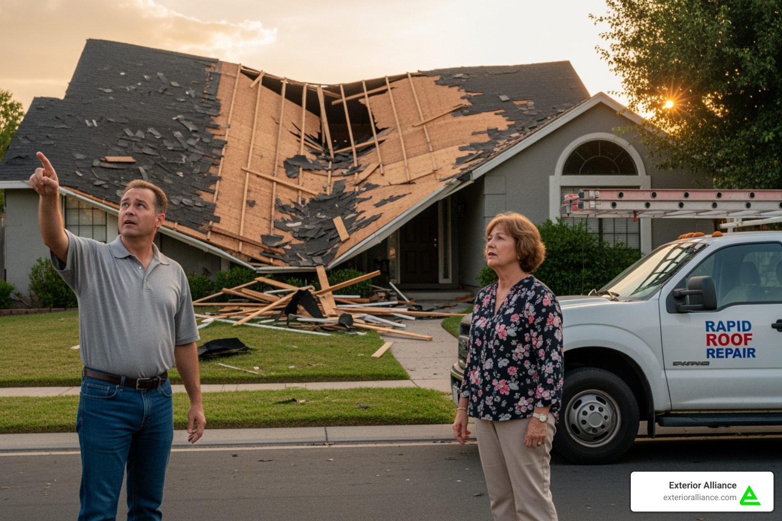 Two neighbors discussing a damaged roof, with one pointing to a contractor's truck - storm damage repair