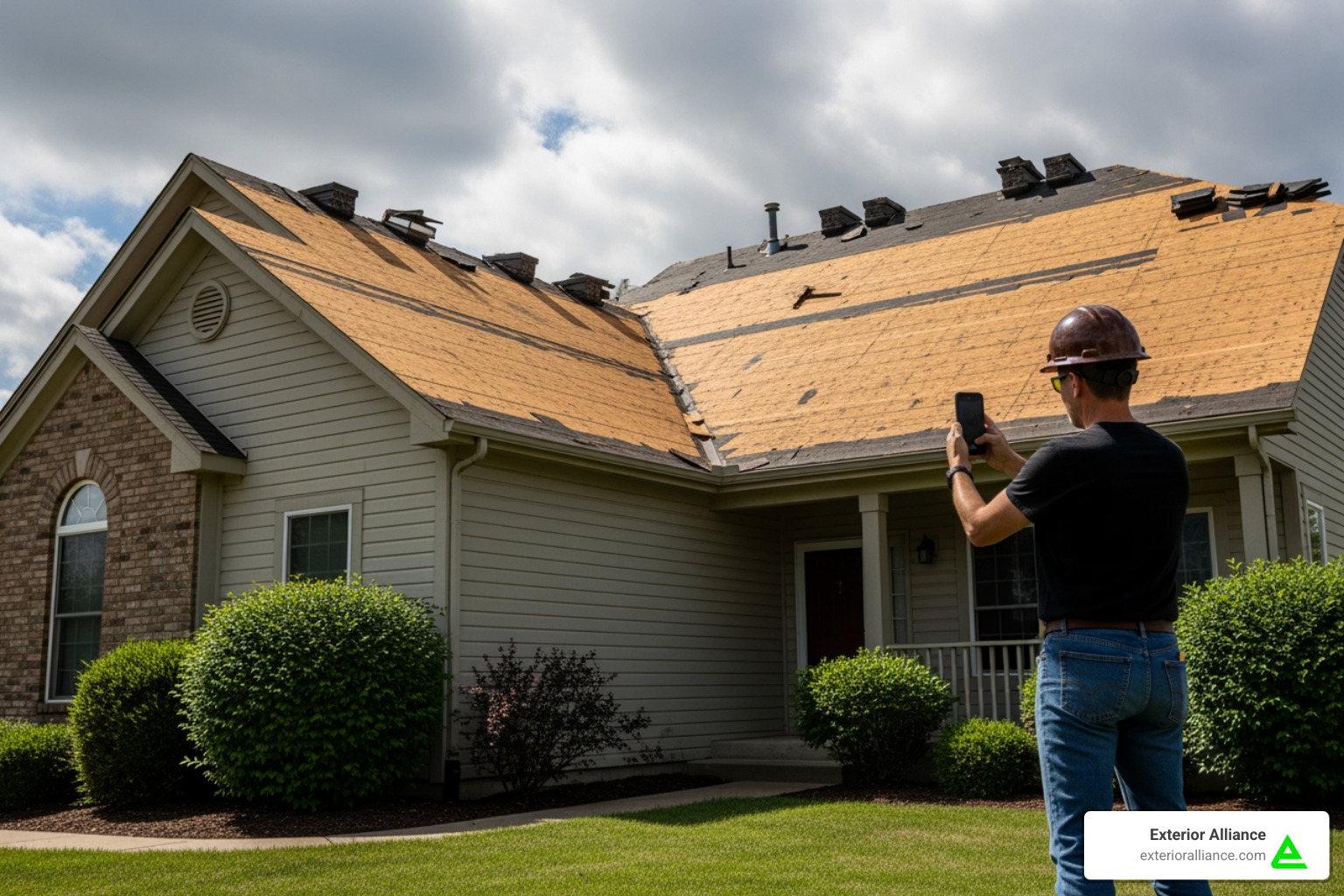 A homeowner safely taking photos of a damaged roof from the ground with a smartphone - storm damage repair