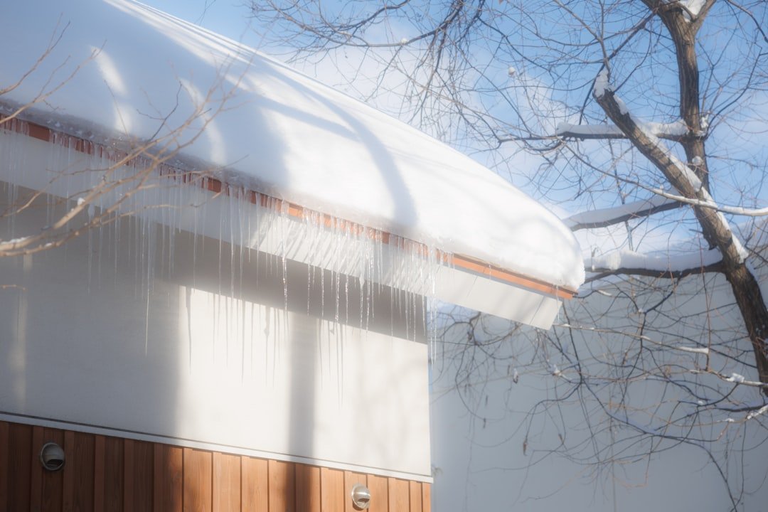 snow-covered flat roof in a residential neighborhood