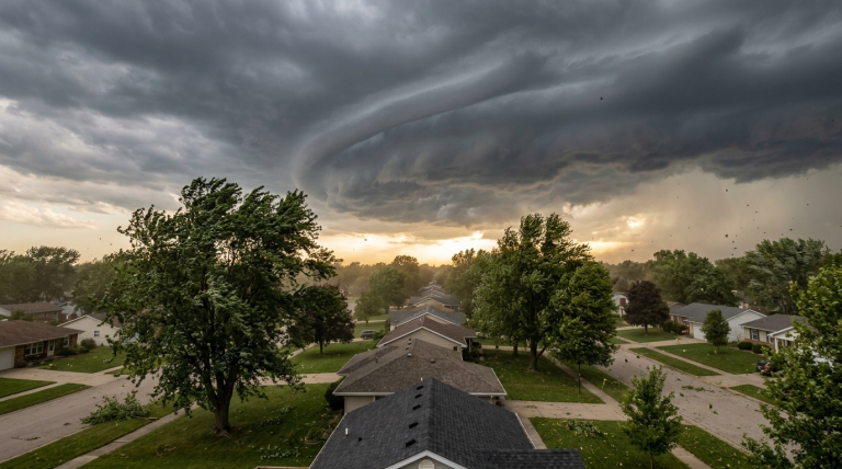 Dark storm clouds rolling over a Columbus Ohio suburban neighborhood before the August 11 derecho